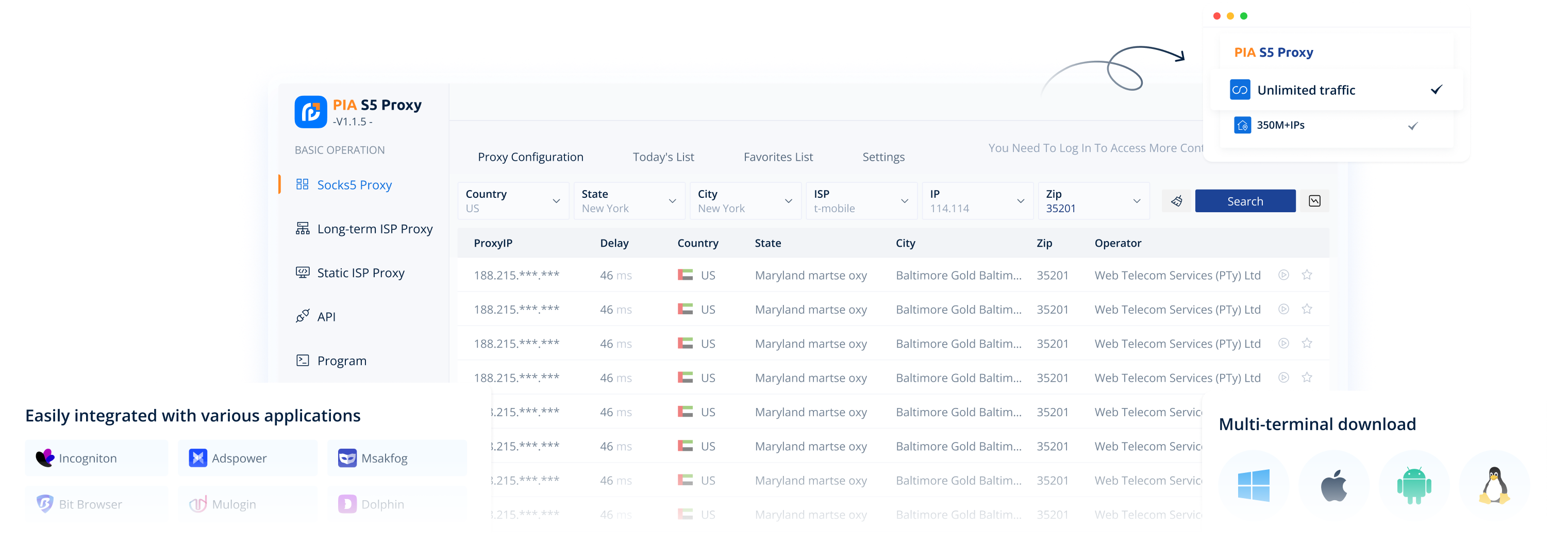 PIA S5 Client interface — SOCKS5 proxy list with country, state, city, ISP, IP and ZIP filters